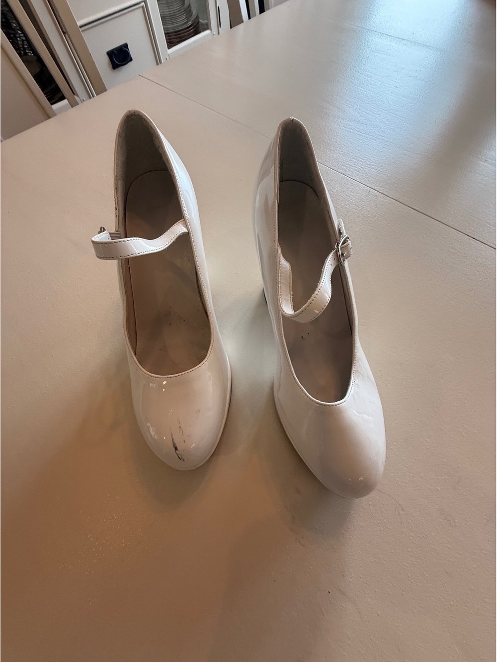 White Patent Leather Mary Jane Heels with Strap and Buckle